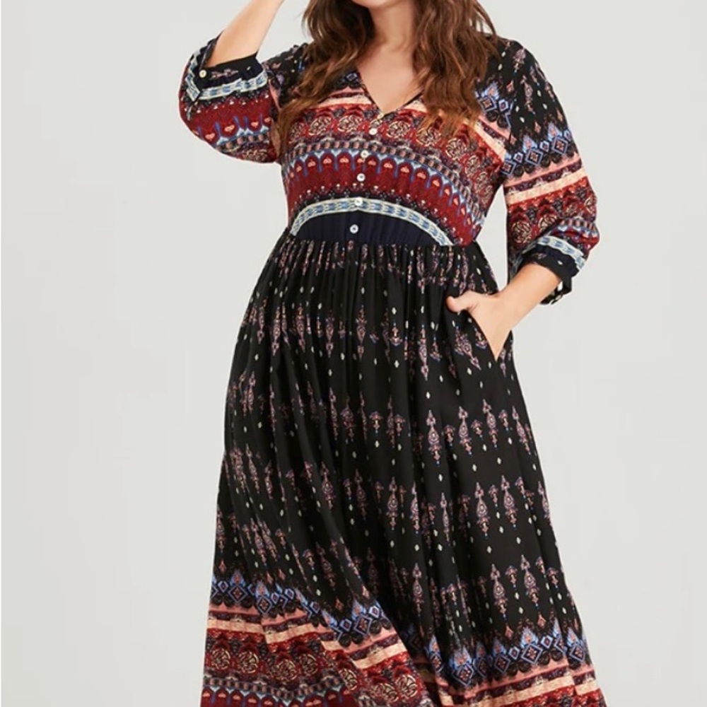 Bandana Button Pocket Flutter Split Hem Midi Dress - image 1